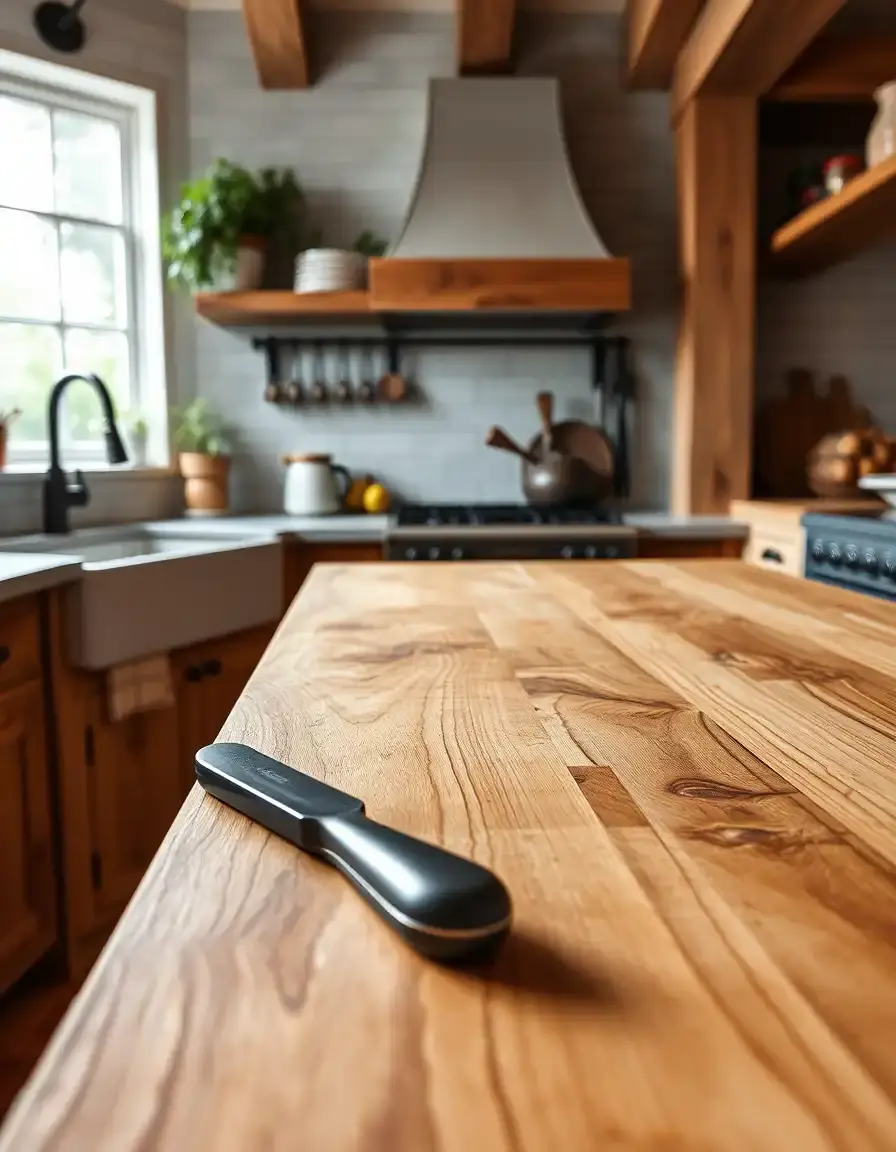 Thick maple butcher block wooden worktop in a farmhouse kitchen