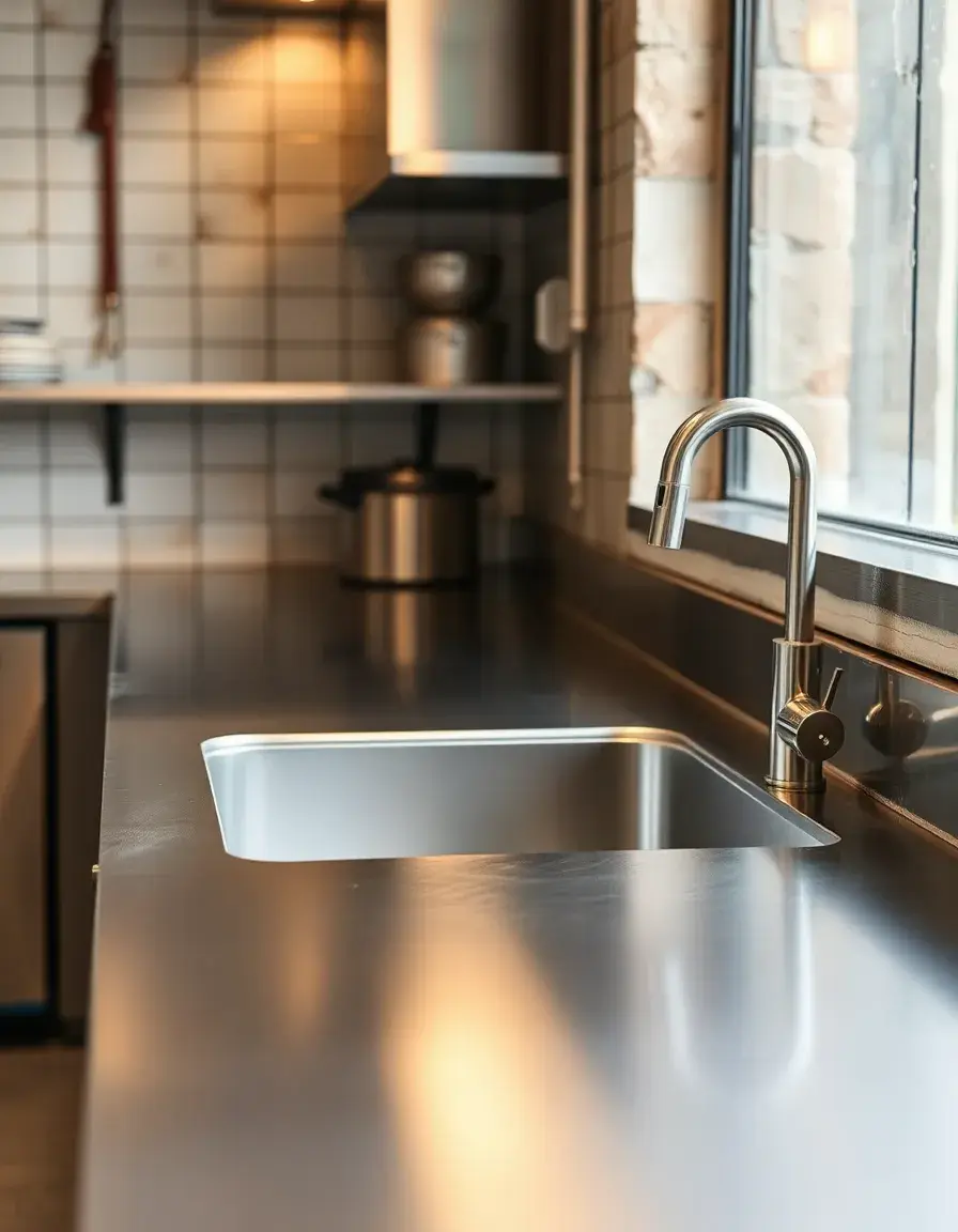 Brushed stainless steel kitchen counter with integrated sink