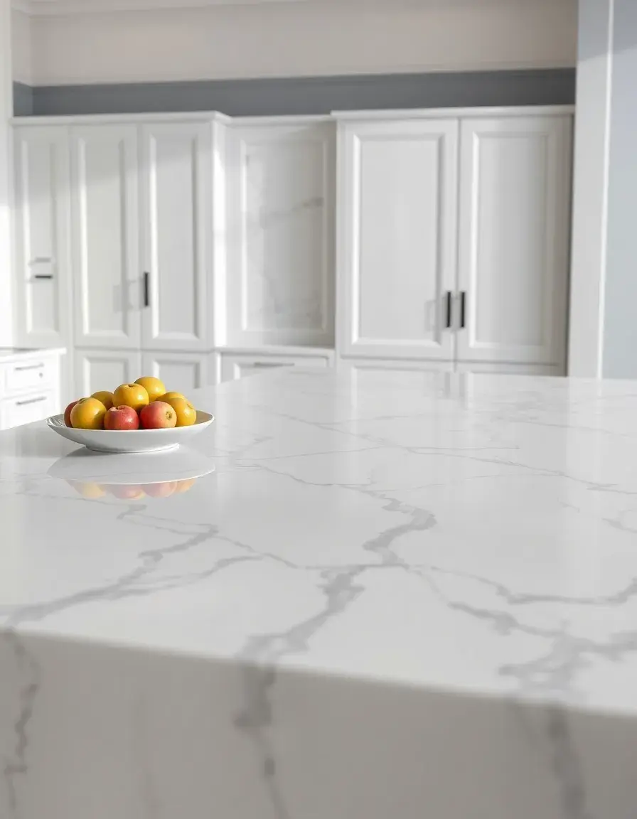 Polished white marble worktop slab with elegant gray veins