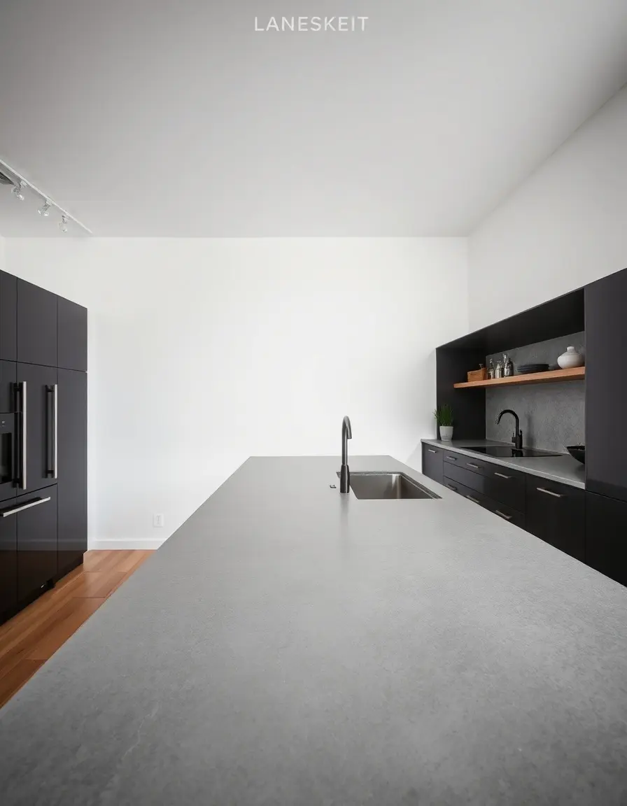 Gray polished concrete countertop in a minimalist loft kitchen