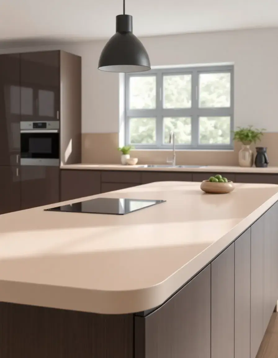 Seamless beige acrylic solid surface worktop with curved edges
