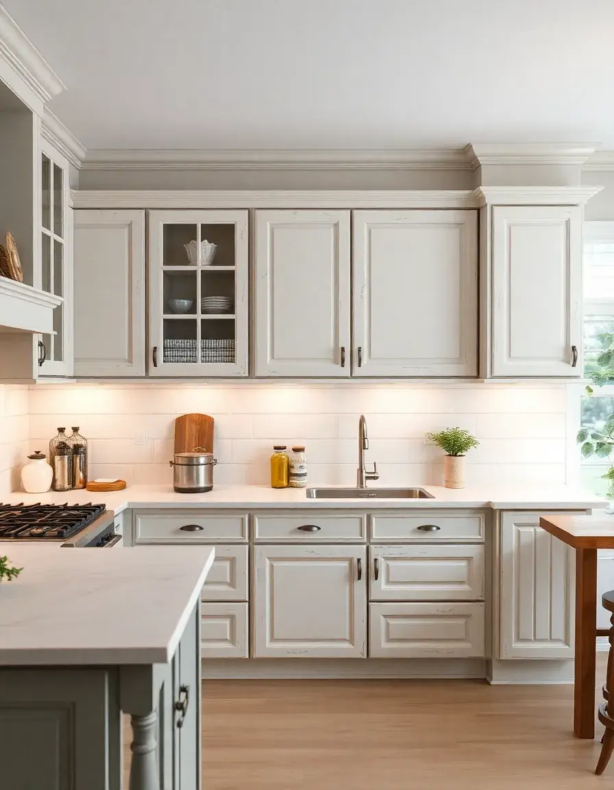 White matte chalk paint on kitchen cupboards with a slightly distressed finish