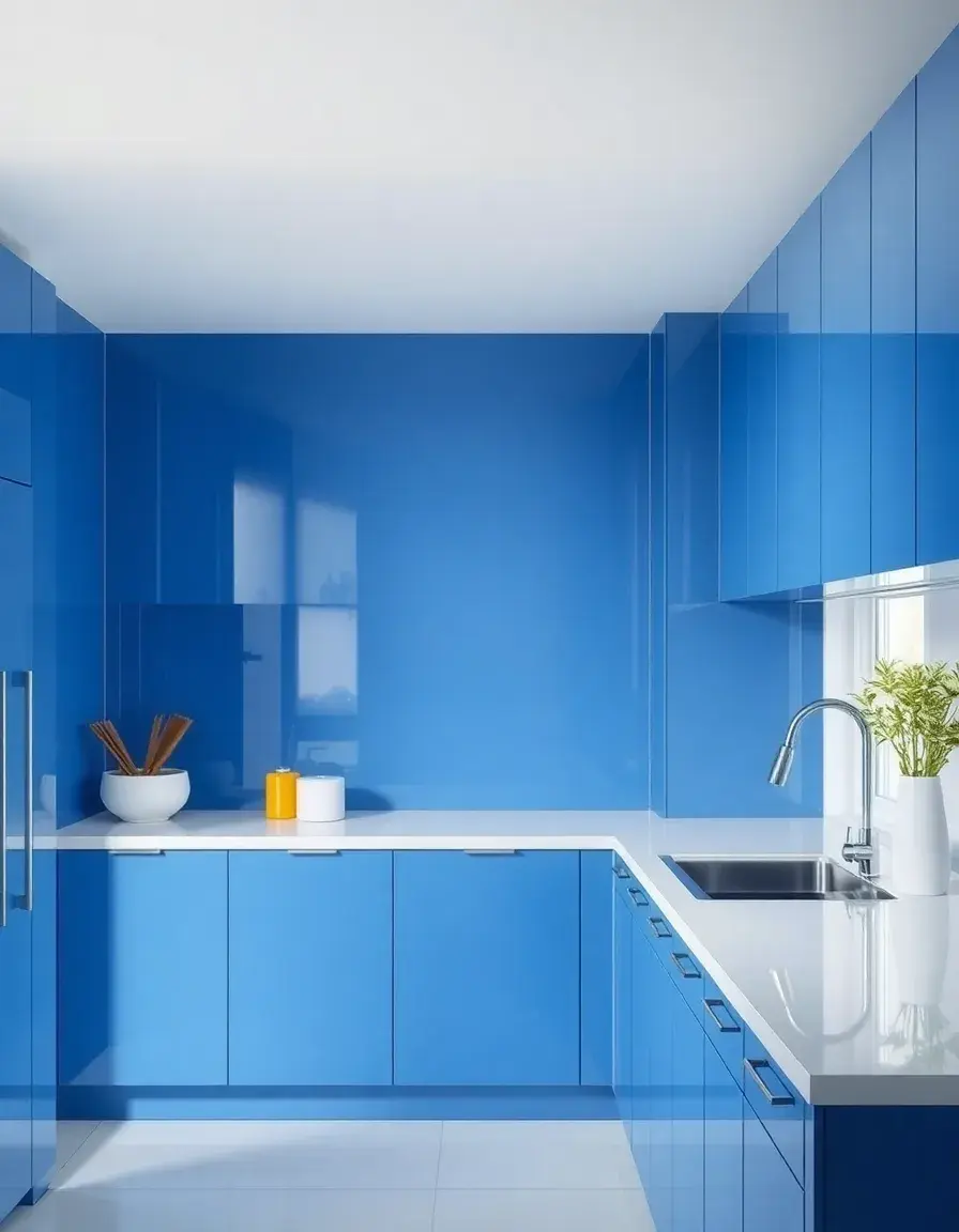 High gloss water resistant blue paint on kitchen cabinets