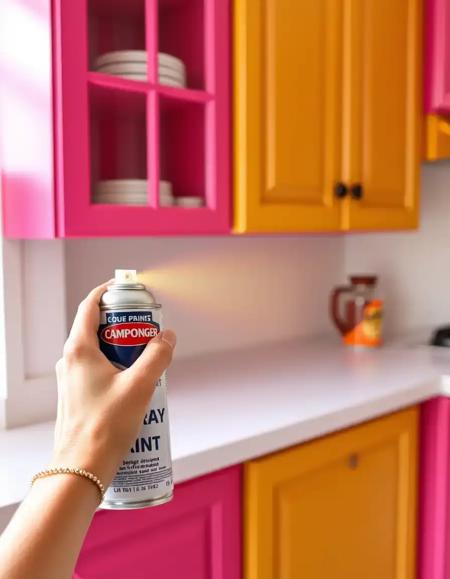 Person using aerosol spray paint to get an even coat on a cupboard door