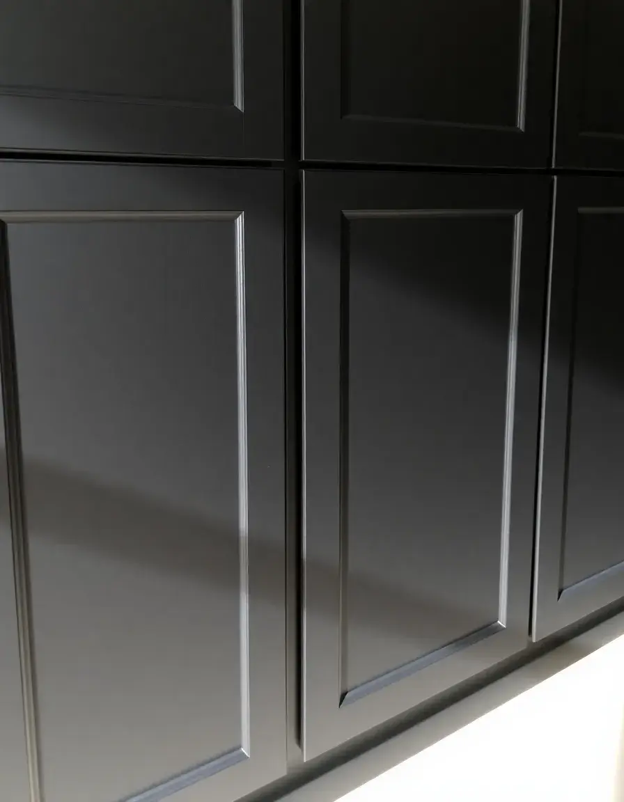 Modern kitchen with matte black cupboards and elegant gold handles
