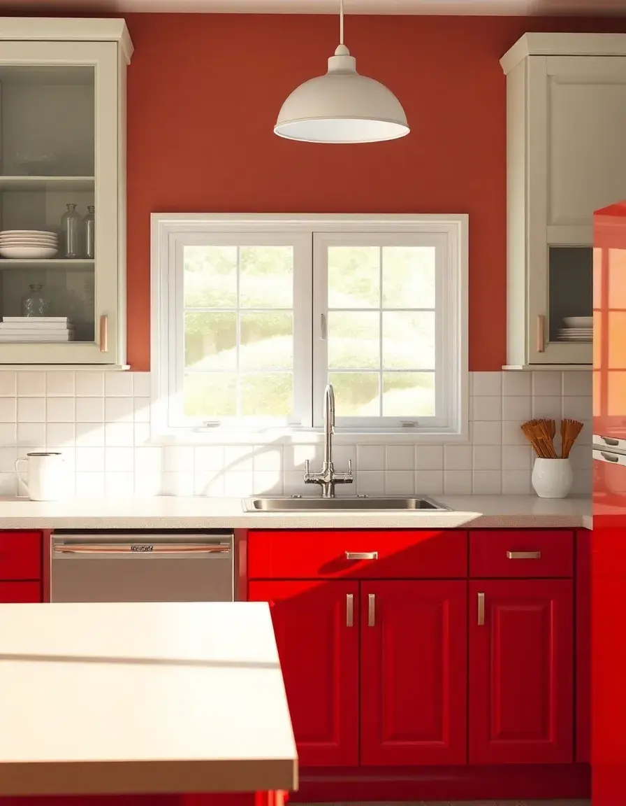 Bright red enamel paint on kitchen cabinets, showing a chip-resistant glossy surface