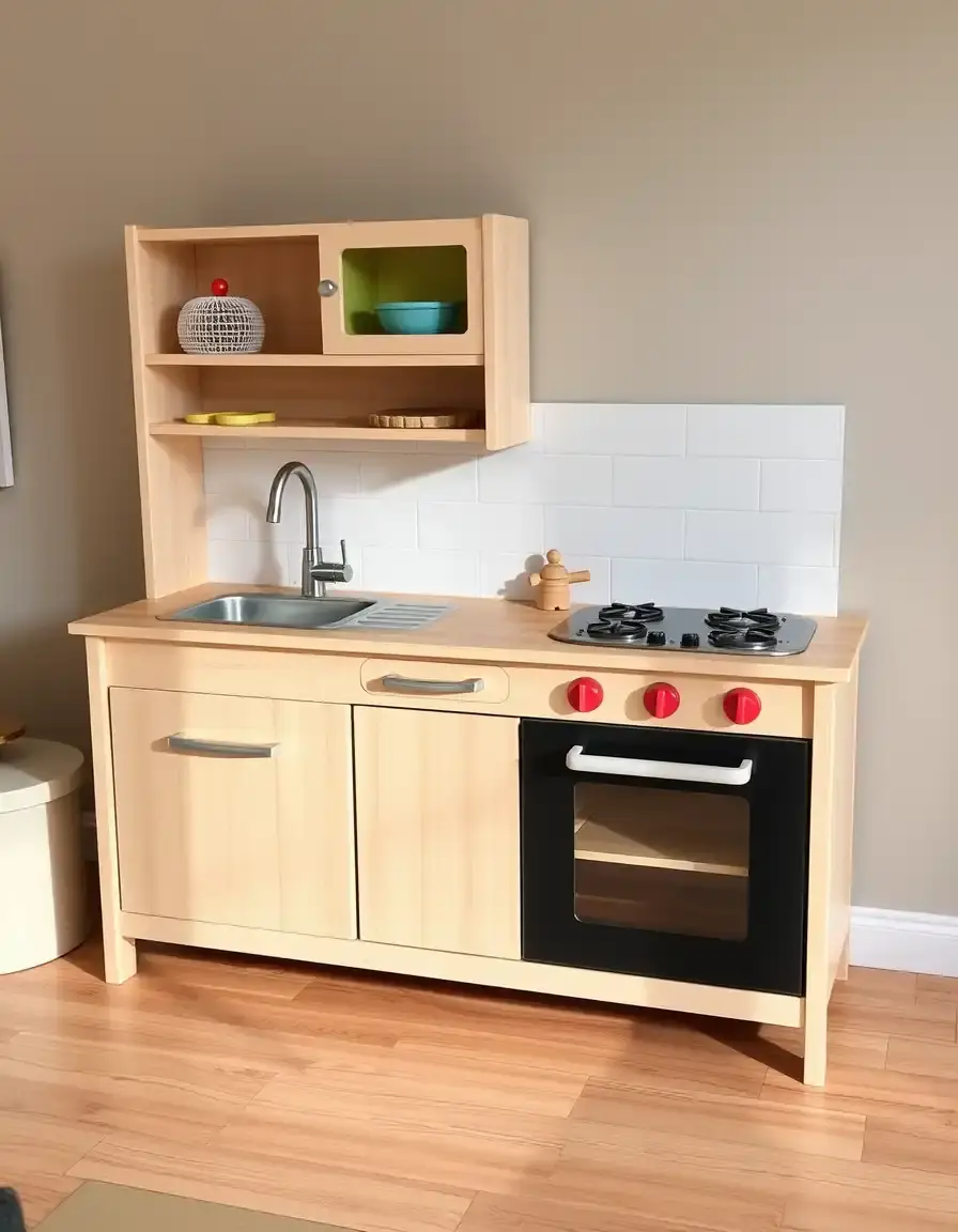 Toddler wooden play kitchen with oven and sink