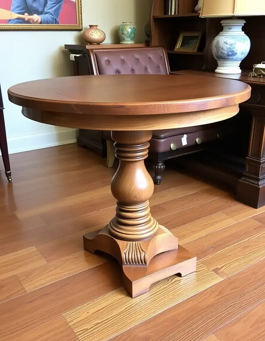 42-inch oak round wooden table with pedestal base