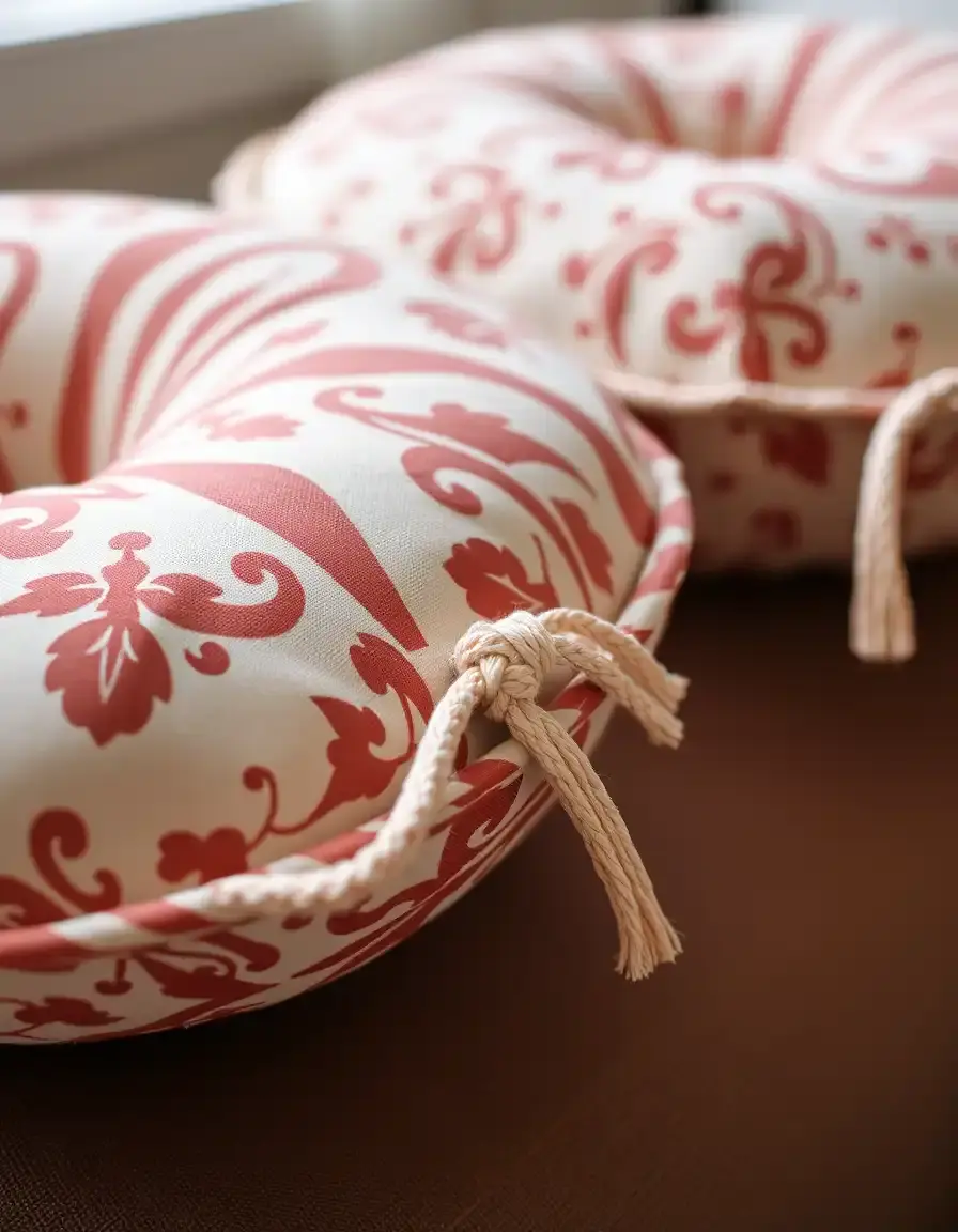 Round patterned chair cushions with ties
