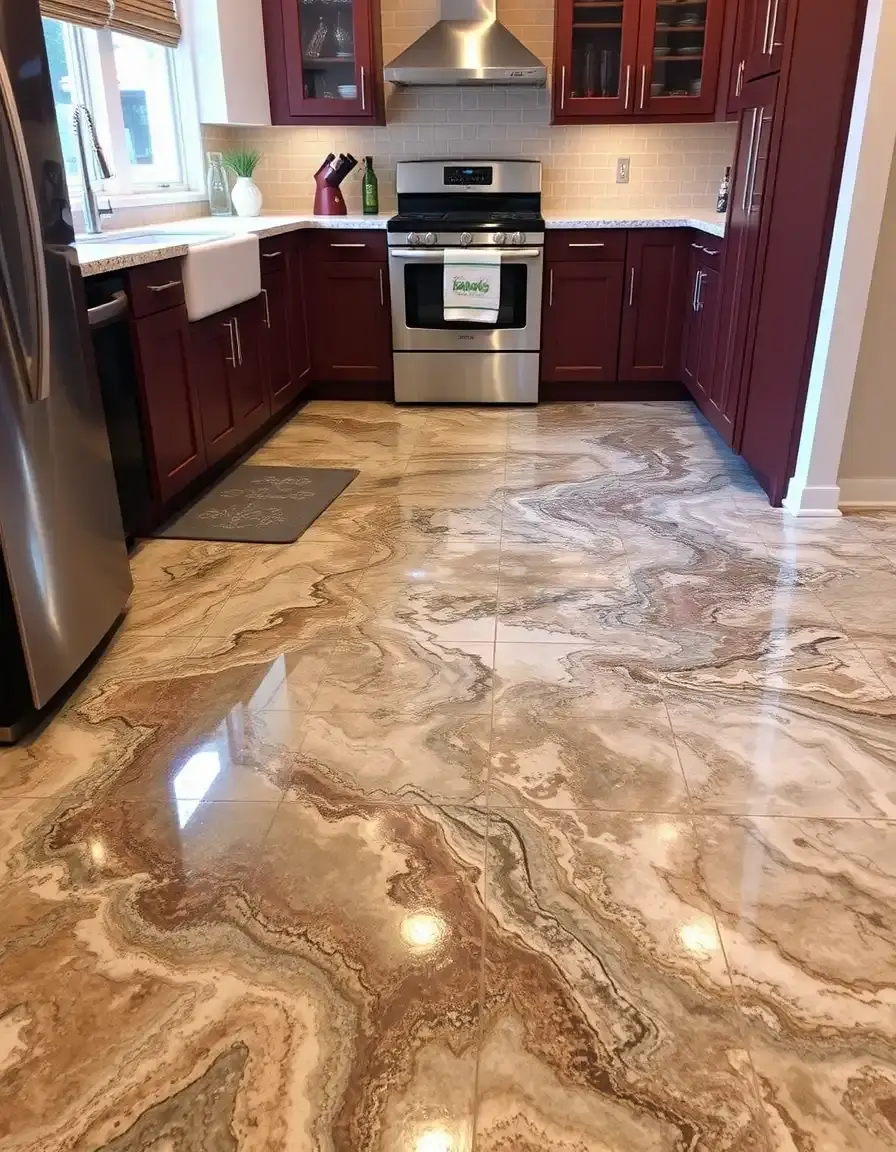 Seamless glossy epoxy resin kitchen floor with custom design