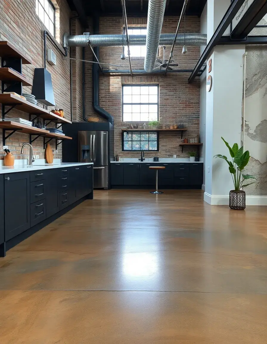 Stained polished concrete kitchen floor in industrial loft style