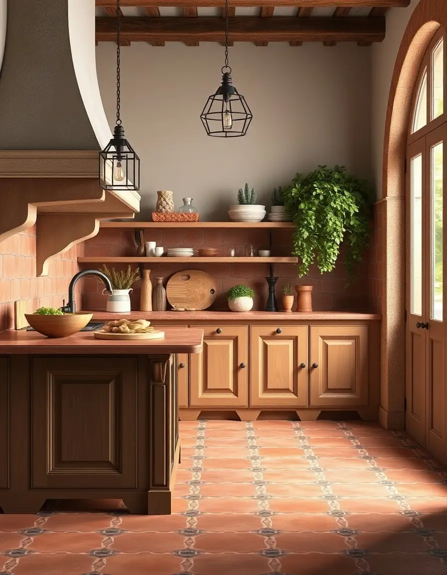 Red terracotta tile kitchen flooring in Mediterranean style