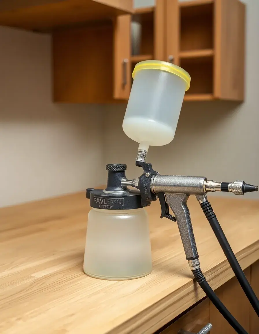 Detailed shot of HVLP sprayer for cabinets