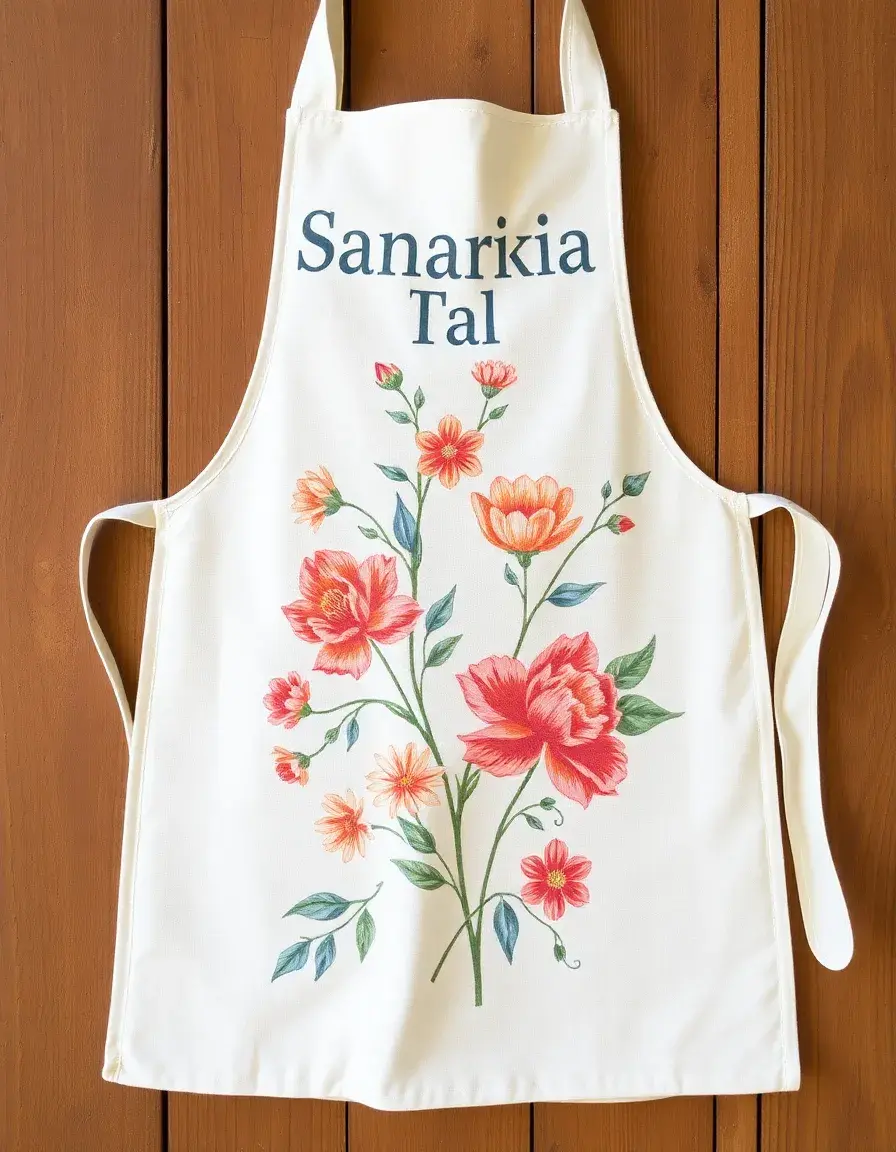 Vintage floral cotton apron on a kitchen hook