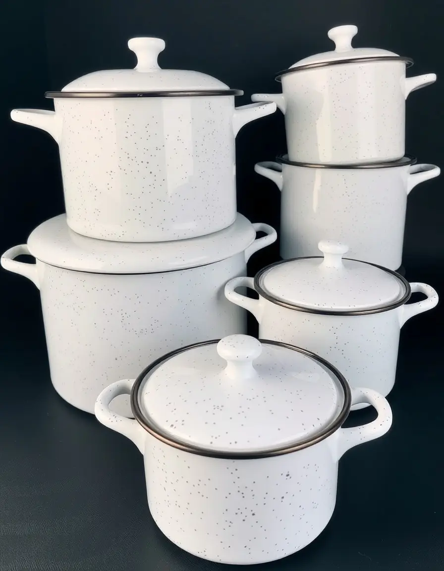 White speckled enamelware pot set