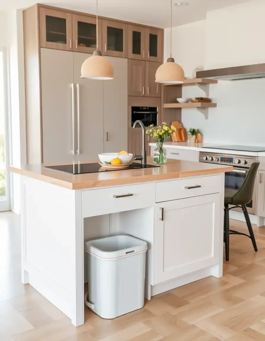 Kitchen Island with integrated trash bin
