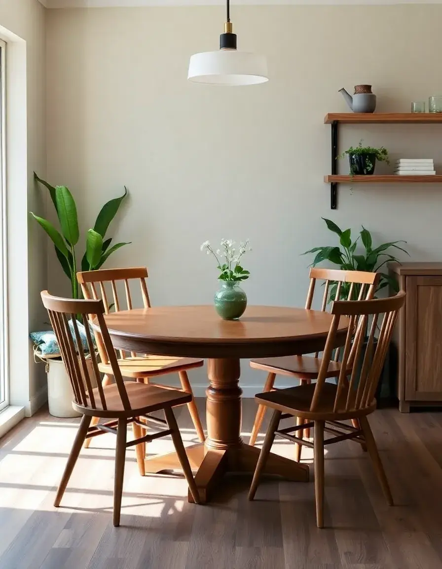 Round Wooden Kitchen Table with four chairs in a cozy nook