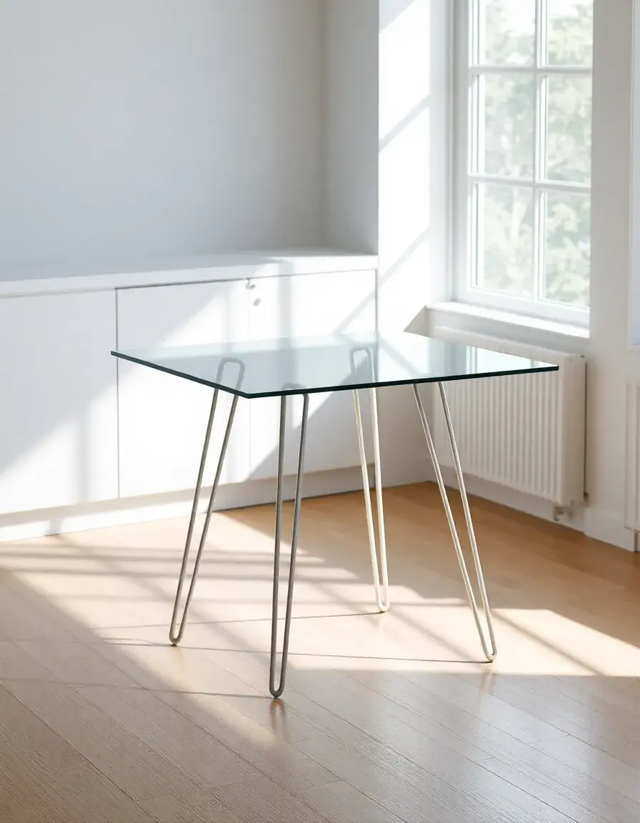 Modern glass top kitchen table with minimalist metal legs