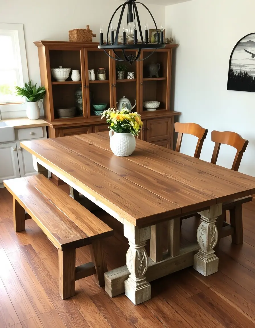 Farmhouse kitchen table with benches and distressed wood