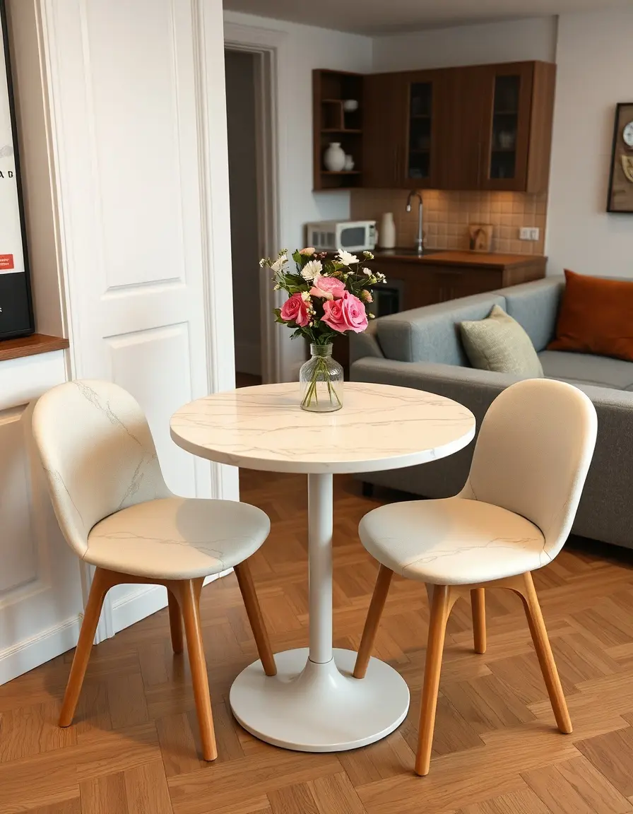 Small marble kitchen table with two seats in an apartment