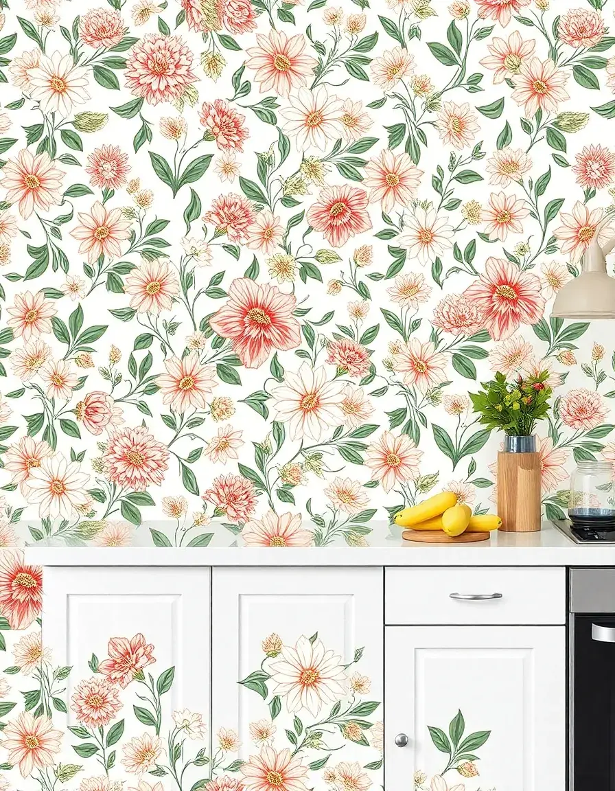 Peel and Stick Kitchen Wallpaper Floral pattern in a modern kitchen