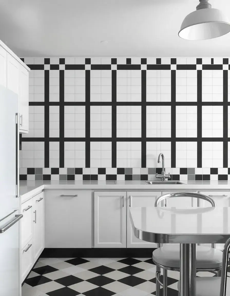 Classic Black and White Check Kitchen Wallpaper diner style