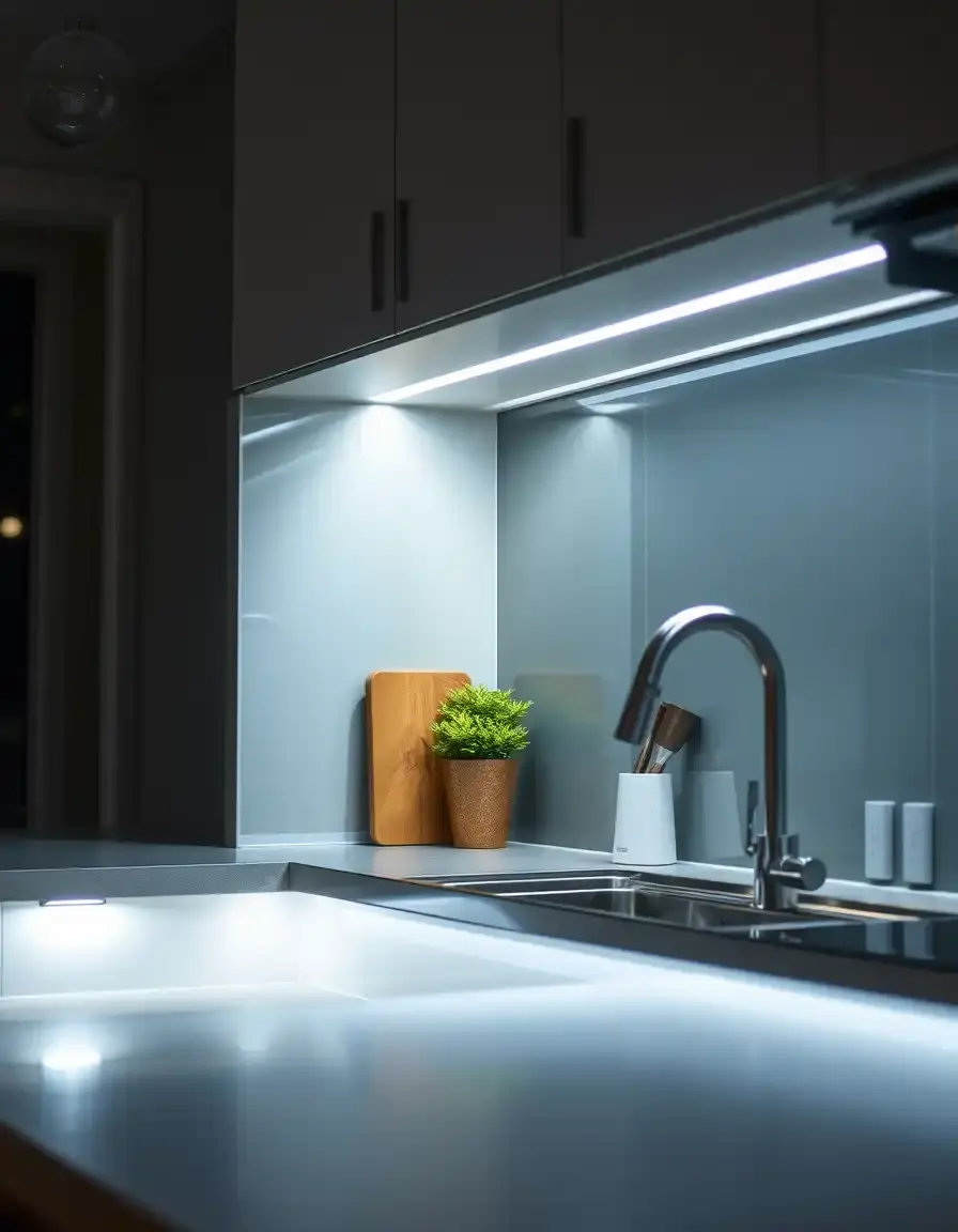 Under Counter Kitchen Lighting LED showing warm task illumination on a marble countertop