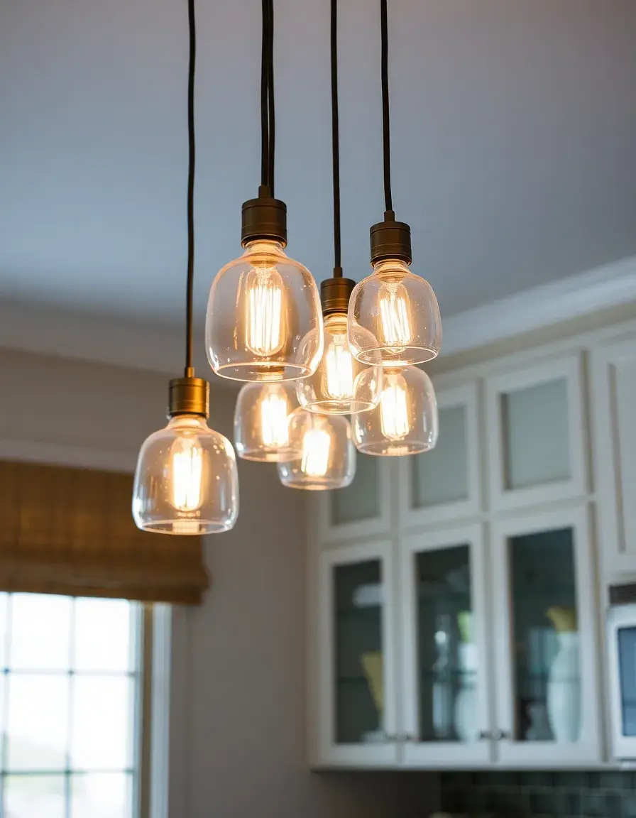 Kitchen Island Hanging Lights with glass shades and warm Edison bulbs