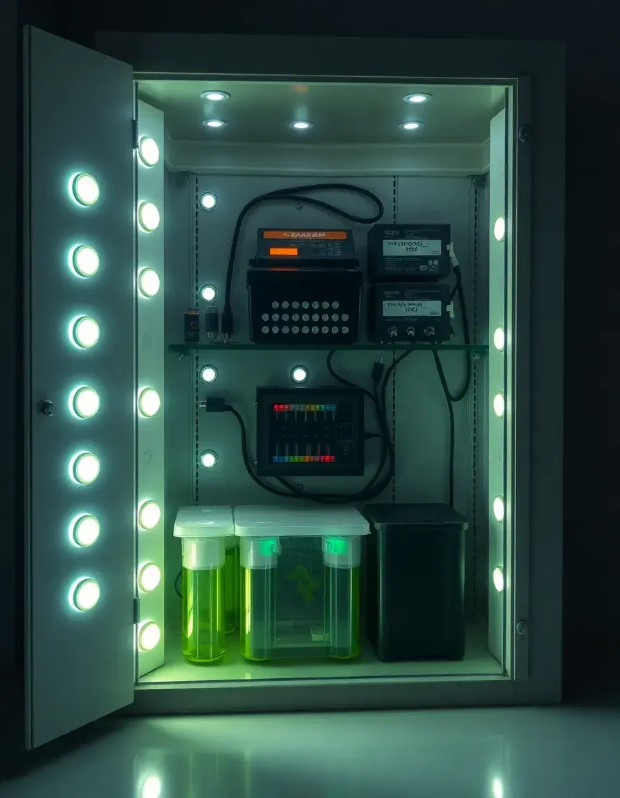 Cabinet LED Puck Lights illuminating the inside of a dark kitchen cabinet