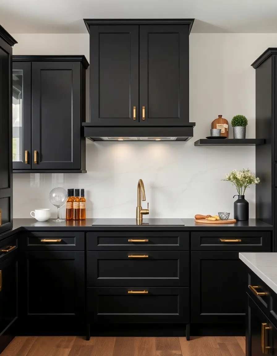 Full matte black kitchen cabinet set with gold handles