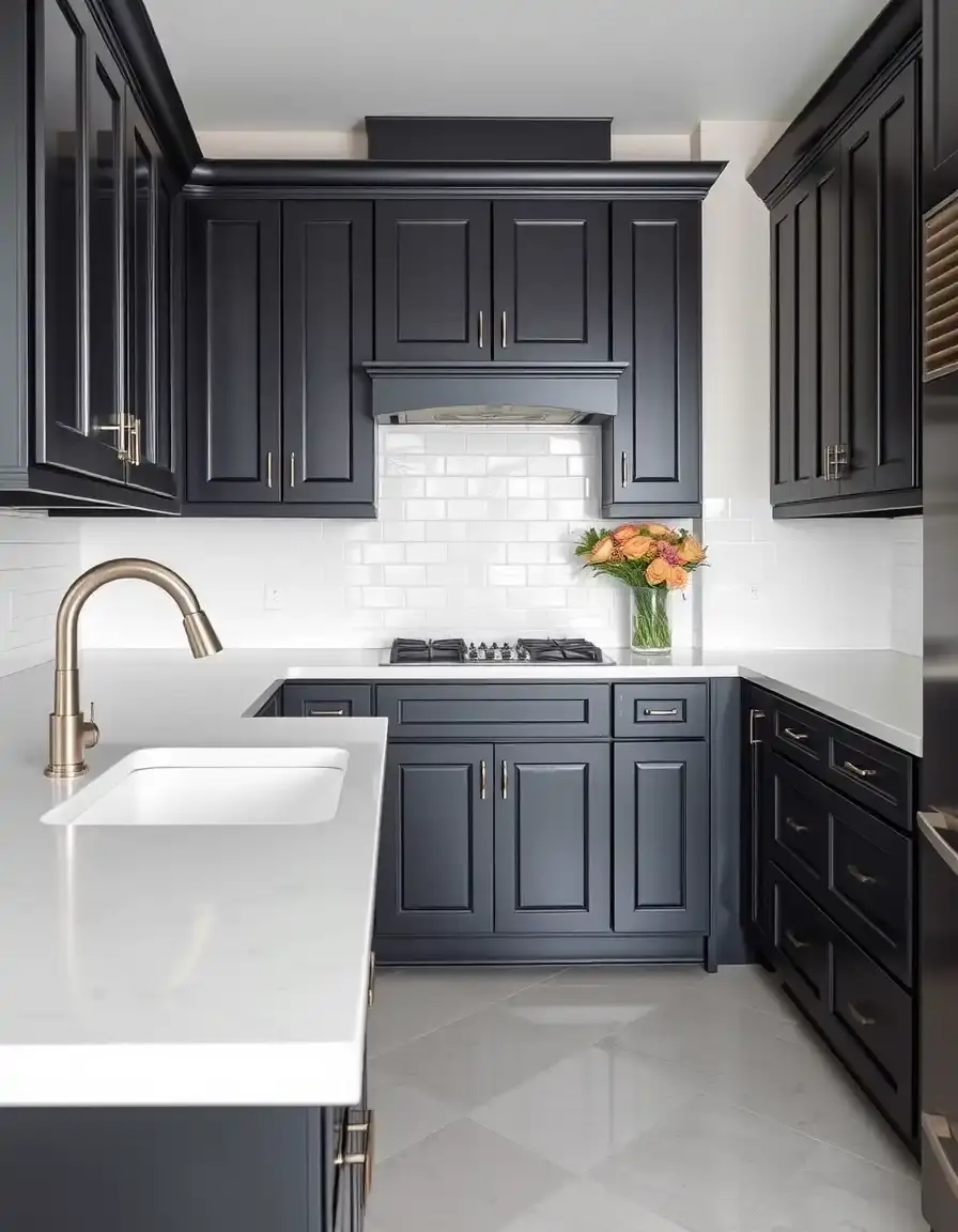 Black shaker style kitchen cabinets with white countertops