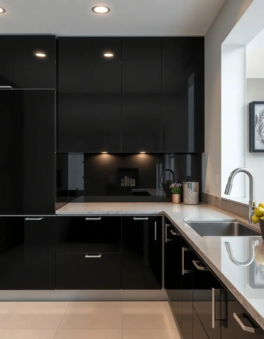 High gloss black wall kitchen cabinets with LED lighting