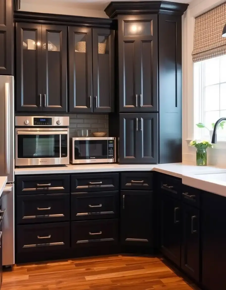 Black base kitchen cabinets with drawers and appliance garage