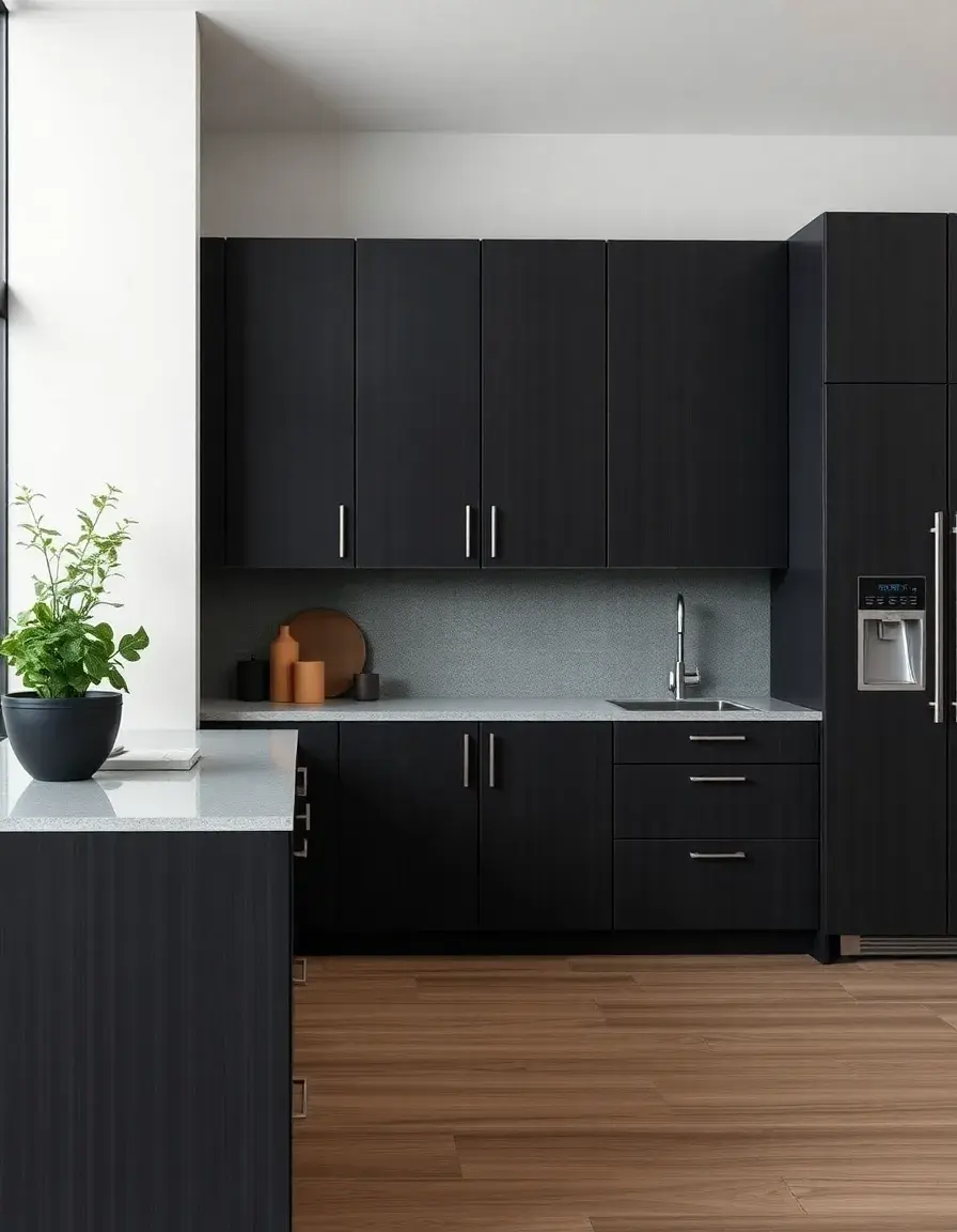 Textured black kitchen cabinets with anti-fingerprint technology