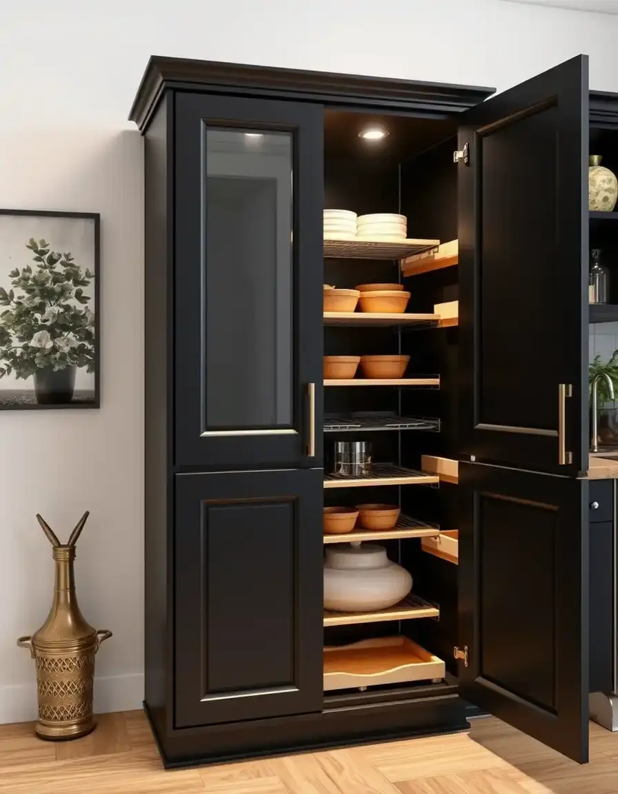 Tall black pantry cabinet with pull-out shelves