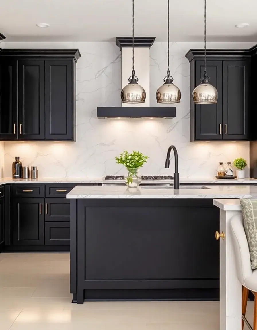 Black accent kitchen island cabinets with bar area