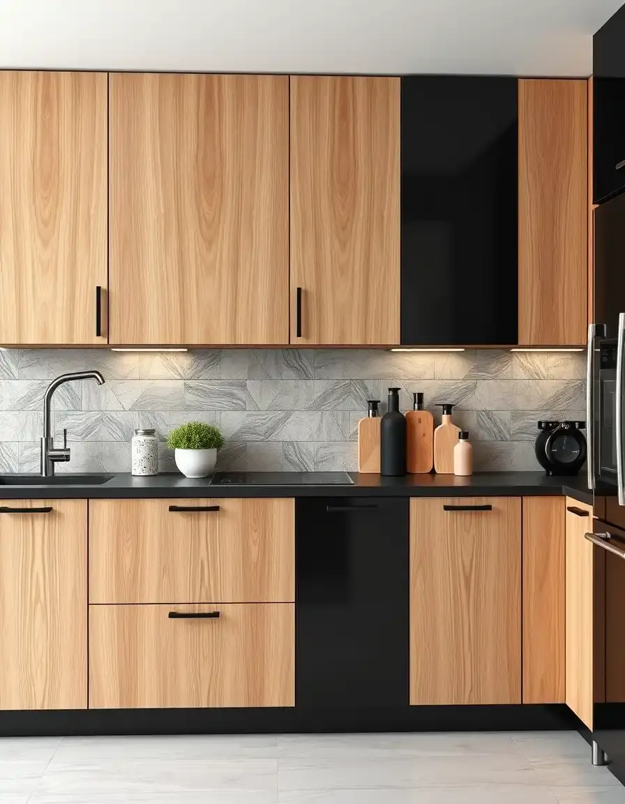 Two-tone black and natural wood kitchen cabinets