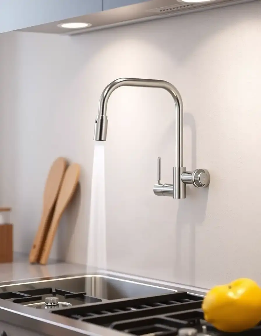 Wall mounted pot filler kitchen faucet over a stove