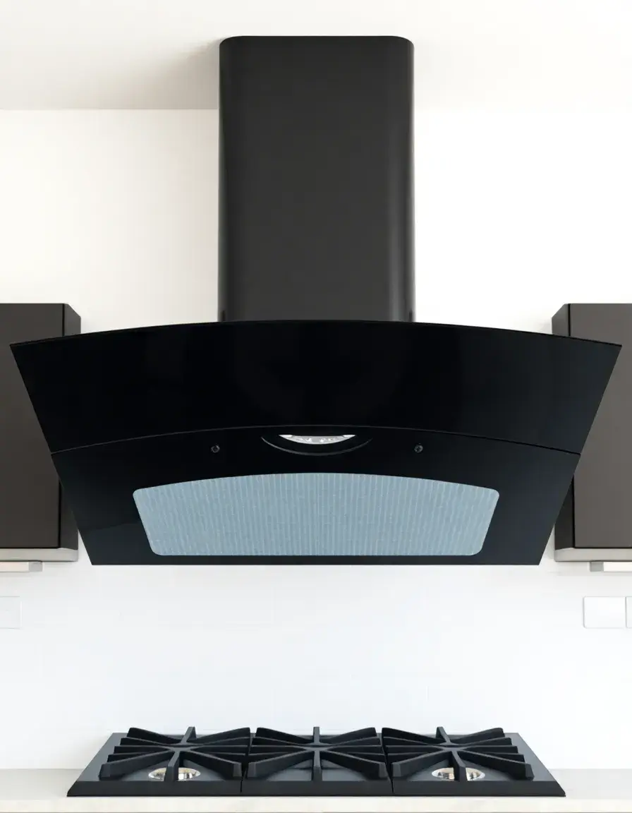 Black chimney style kitchen fan curved glass
