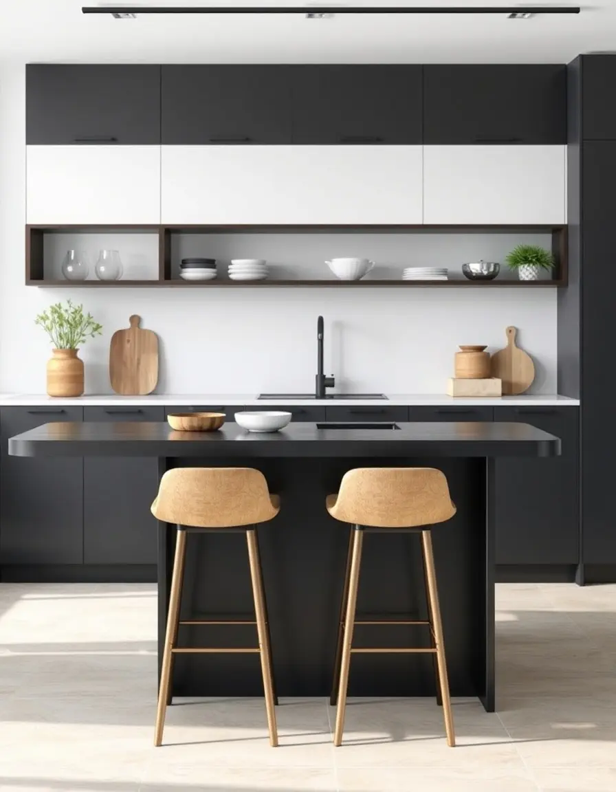 Foldable Black Kitchen Island Counter with stools