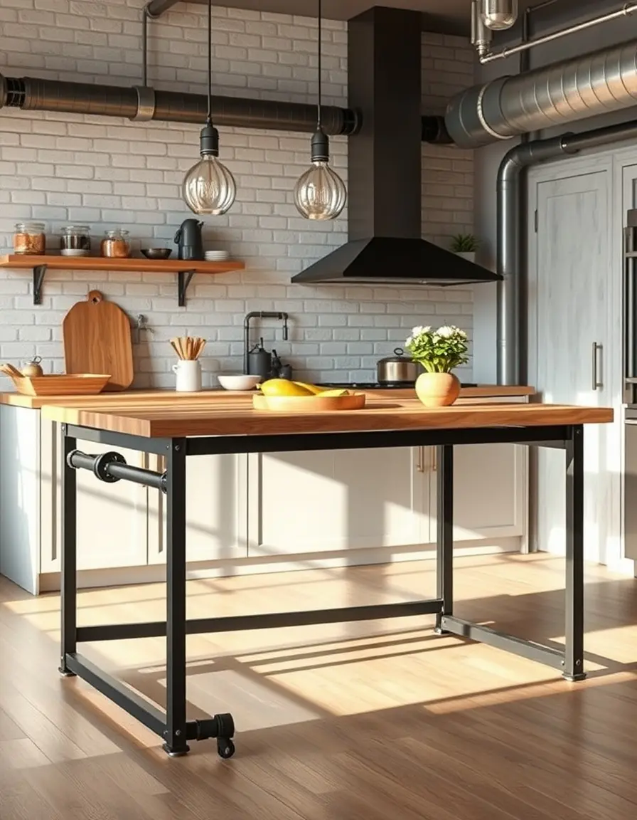 Industrial style kitchen island with metal frame and wooden top