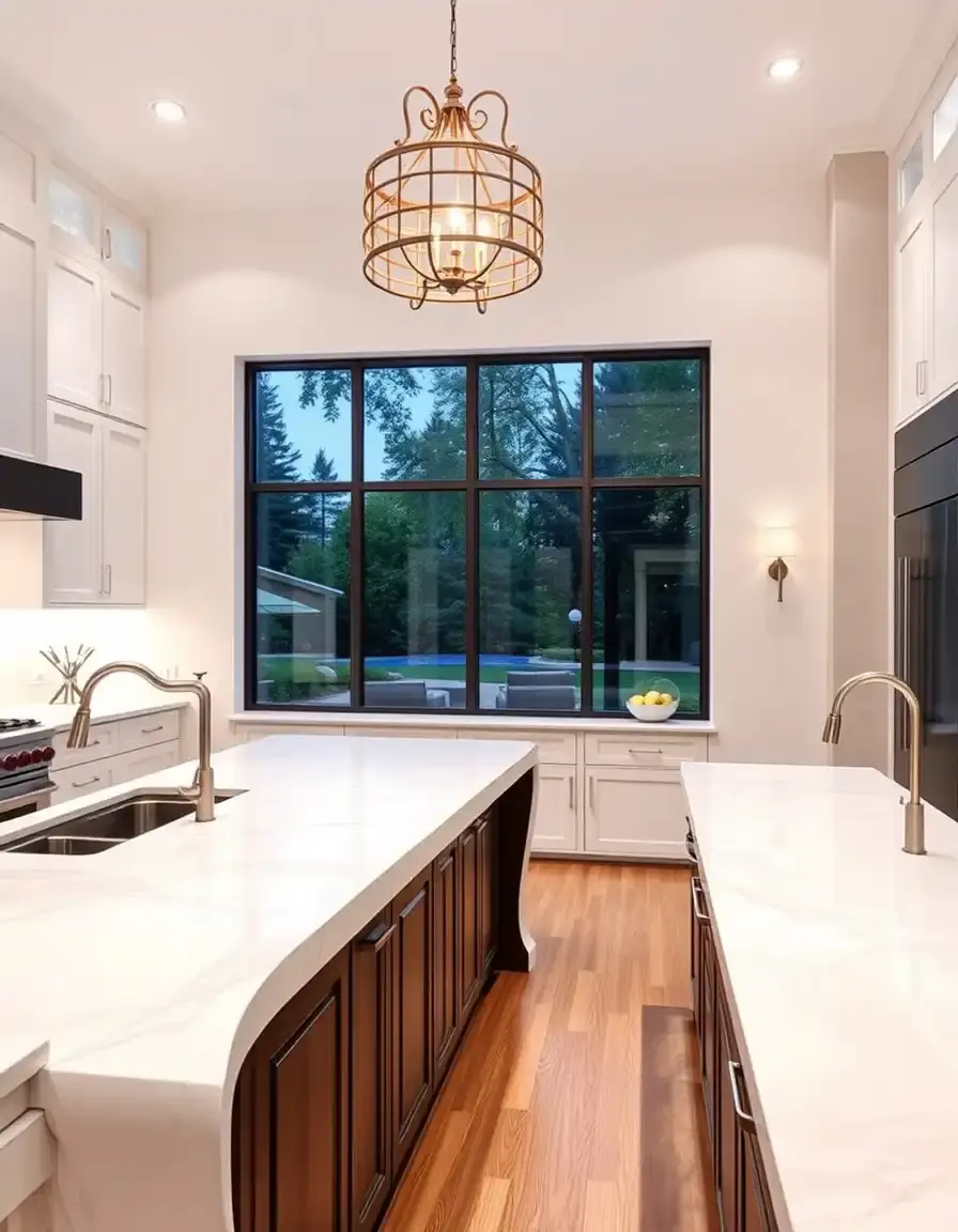 White quartz top kitchen island with waterfall edge