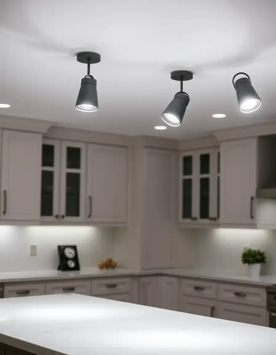Spotlights and pendant lighting over kitchen island