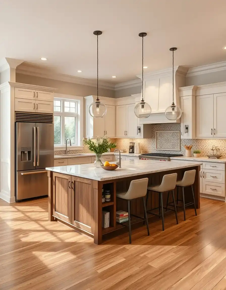 L-shaped custom kitchen island with multiple zones