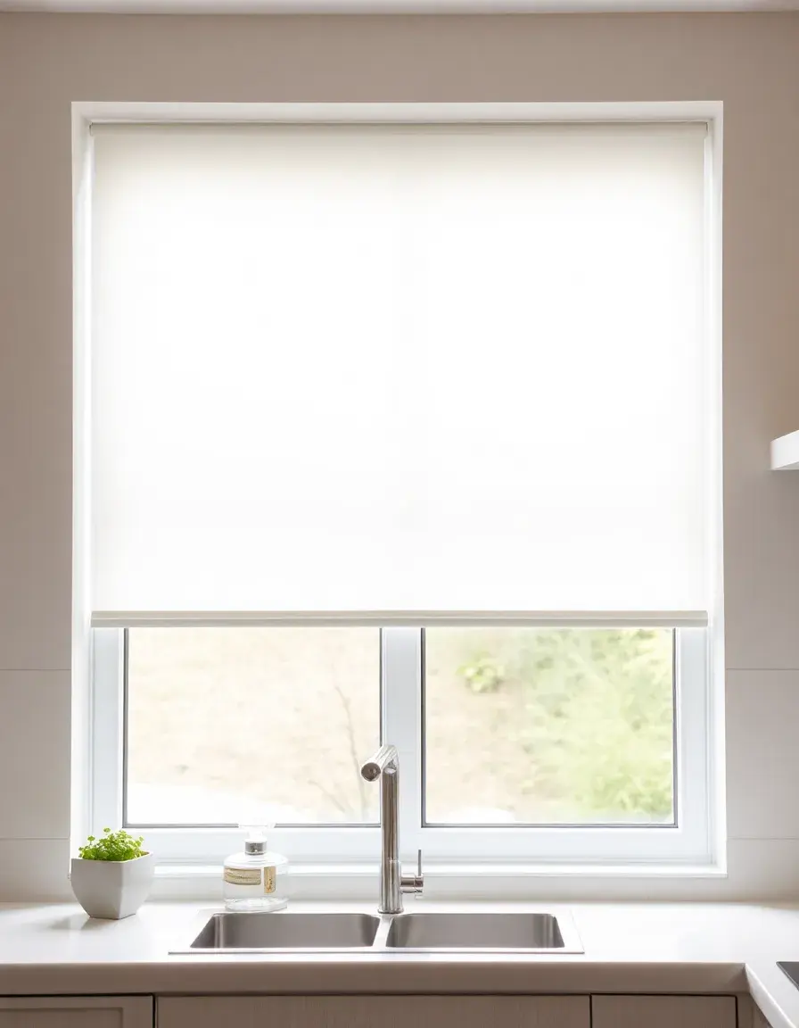 White waterproof roller blinds in a modern kitchen
