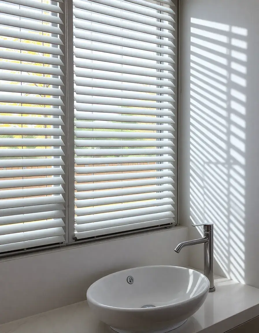 Aluminum slatted venetian blinds over a kitchen sink