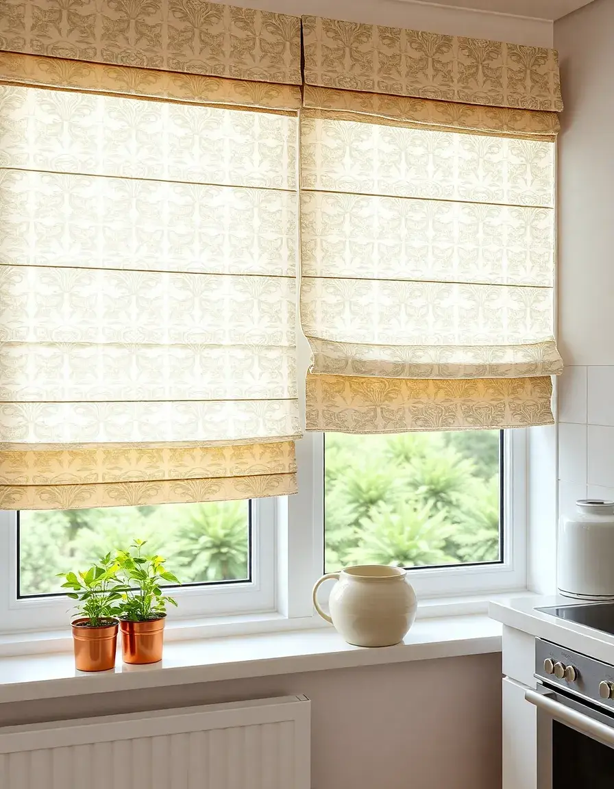 Patterned fabric roman blinds in a cozy kitchen