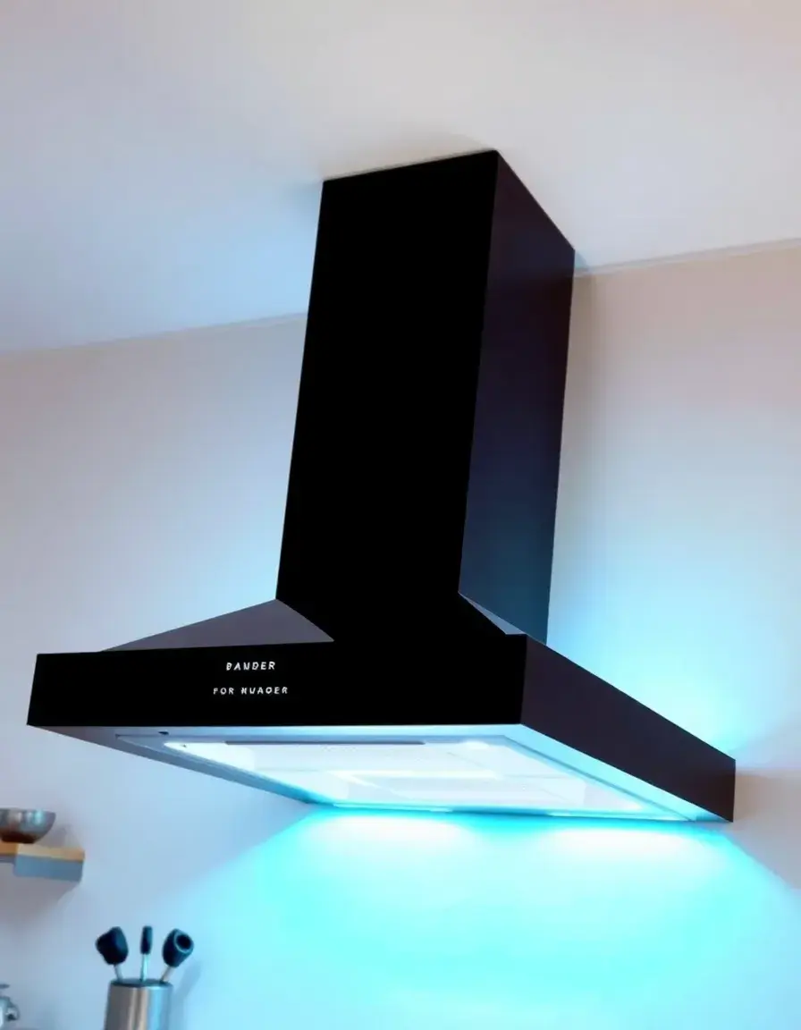 Extractor fan with integrated LED lights illuminating hob