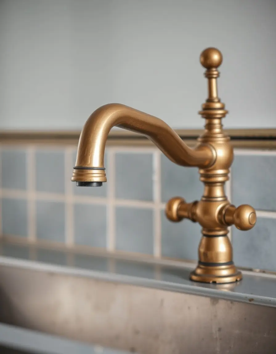 Antique brass kitchen mixer tap with vintage aesthetic