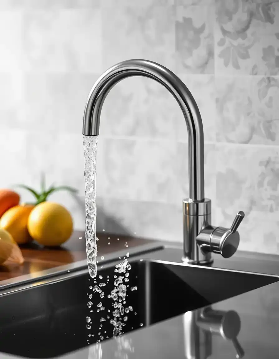 Aerated high pressure kitchen mixer tap showing strong flow